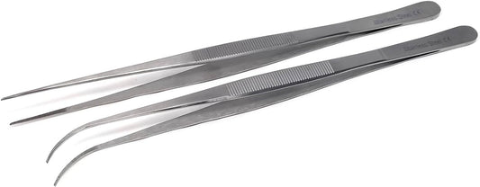 A2Z Cooking Tweezer Straight and Curved Tong Set, Tongs Precision Serrated Tips, Stainless Steel Professional Chef Tweezer Kitchen Tools for BBQ, Plating and Serving (Set of 2-10")