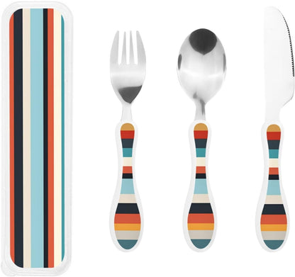 3-Piece Kids Silverware Set With Storage Case, Stainless Steel Reusable Children Safe Knife Spoon Fork Set Fashion Striped Children Flatware Set For Kids Lunch Box