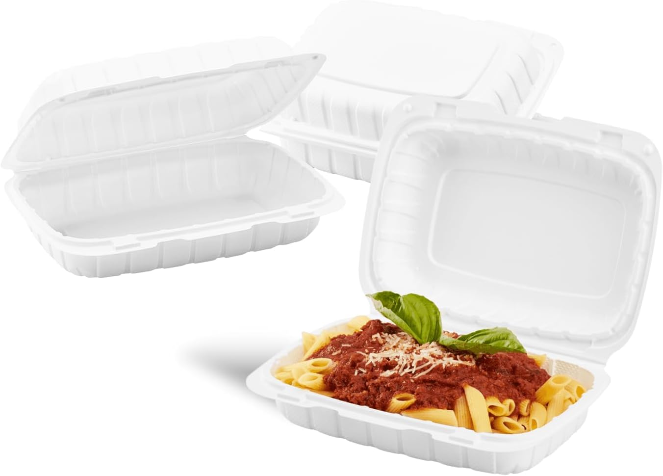 KARAT EARTH Clamshell Take Out Food Containers [8"x8" - 200 ct] To Go Containers | 3 Compartment, Soak-Resistant, Durable, Stackable | Vented for Hot/Cold Foods, White