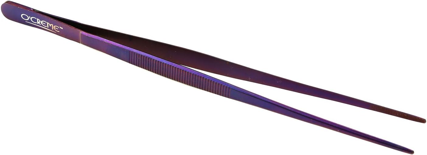 O'Creme 8 Inch Black Stainless Steel Precision Kitchen Culinary Offset Tweezer Tongs