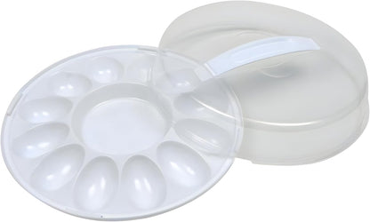 Deviled Egg Carrier with Lid, 10.37in Round Plastic Egg Tray Holds 12 Deviled Eggs – BPA Free Reusable Food Storage Party Server Potlucks Transport Container Easter Brunch Picnics Serveware
