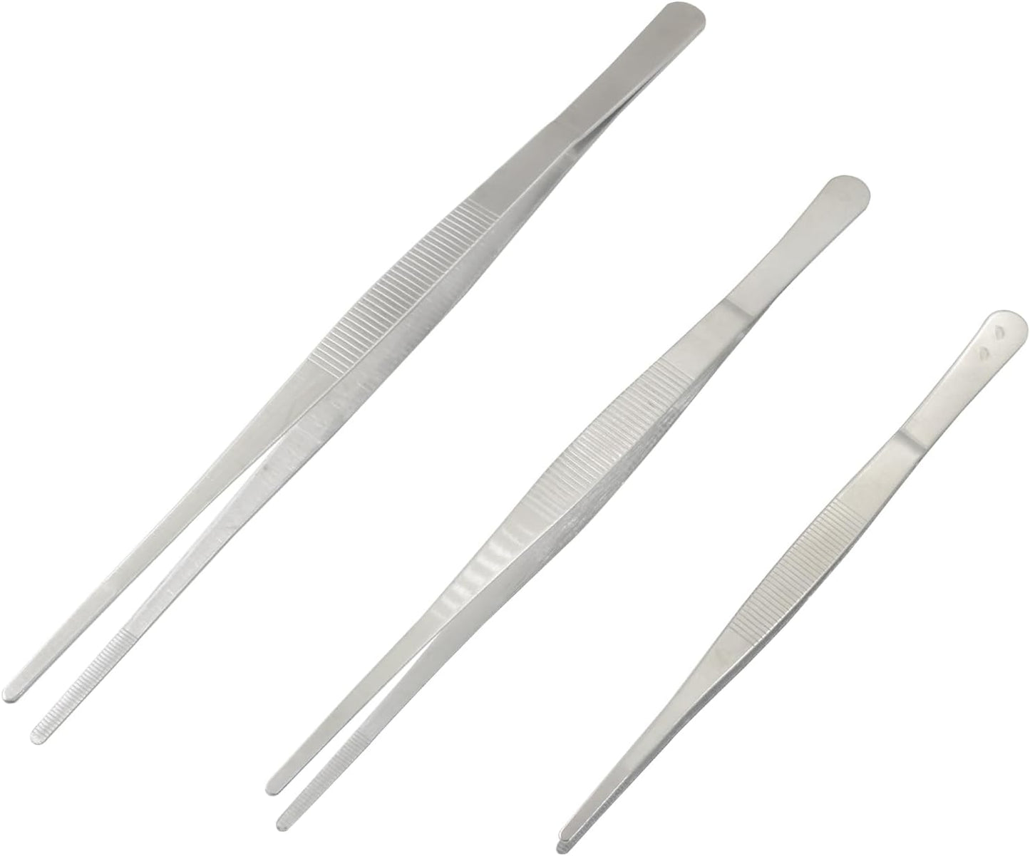 3-Pack Long Tweezers with Precision Serrated Straight Tips, 304 Stainless Steel Tweezer Set Non-slip Kitchen Tweezers for Cooking, Repair & Garden Use (8", 10", 12")