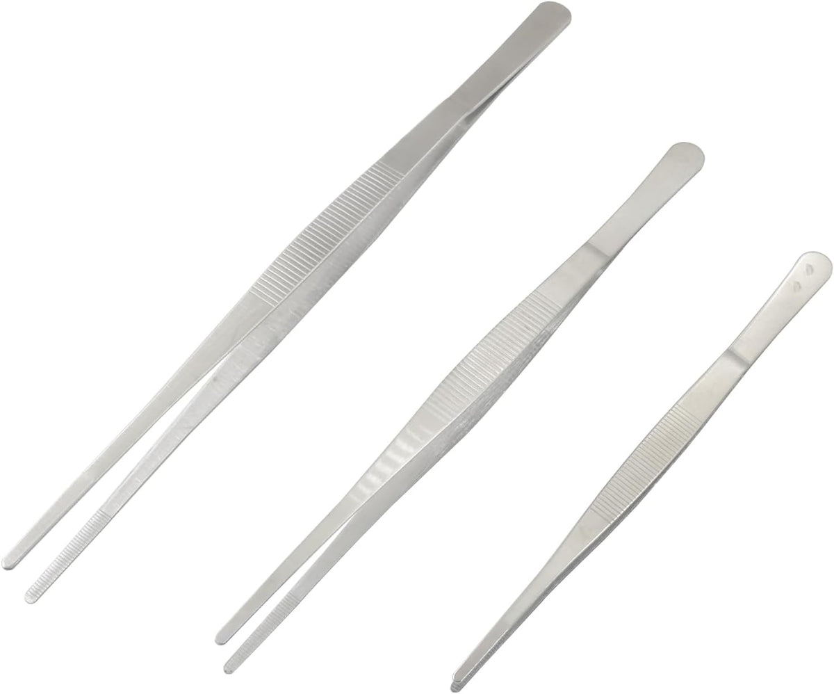 3-Pack Long Tweezers, 8", 10", 12" | Precision Serrated Straight Tips, 304 Stainless Steel, Non-slip, For Cooking, Repair & Garden Use