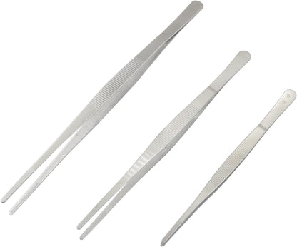 3-Pack Long Tweezers, 8", 10", 12" | Precision Serrated Straight Tips, 304 Stainless Steel, Non-slip, For Cooking, Repair & Garden Use