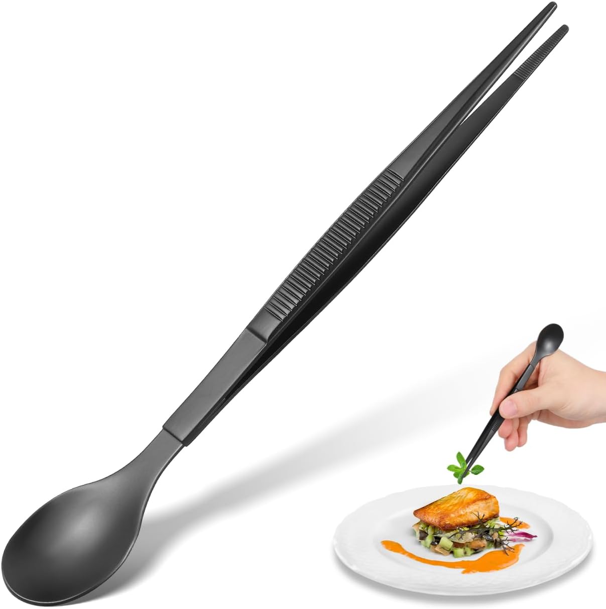 Tasting Spoon with Tweezer, 2 in 1 Stainless Steel Chef Spoon Serving Tongs, Professional Chef Tool for Cooking Plating Buffet Banquet Barbecue Grilling Appetizer, Multi