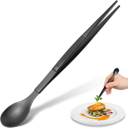 Tasting Spoon with Tweezer, 2 in 1 Stainless Steel Chef Spoon Serving Tongs, Professional Chef Tool for Cooking Plating Buffet Banquet Barbecue Grilling Appetizer, Multi