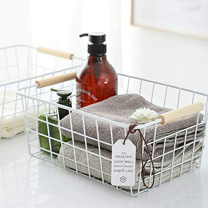Kitchen Wire Baskets Farmhouse Decor Metal Food Storage Organizer,Household Refrigerator Bin with Built-in Handles for Cabinets, Pantry, Bathroom,2 Packs(white)