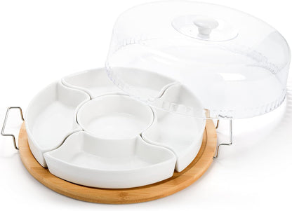 yarlung Ceramic Divided Serving Dishes Platter with Clear Lid, 11 Inch Bamboo Appetizer Tray with Handles 5 Removable Snacks Bowls Relish Tray for Candy and Nut, Chips and Dips, Veggies