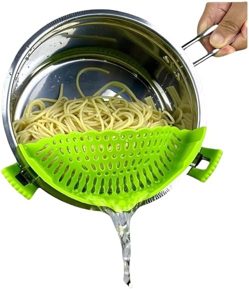 Clip On Strainer Silicone for All Pots and Pans, Pasta Strainer Clip on Food Strainer for Meat Vegetables Fruit Silicone Kitchen Colander (Black)