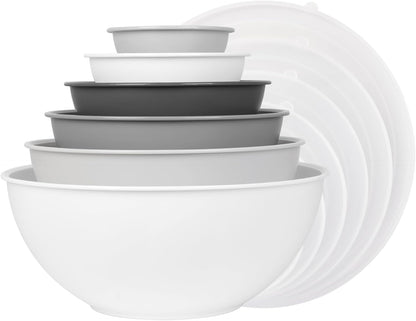 BoxedHome BPA Free Plastic Round Mixing Bowl with Lids, 12 Pack Nesting Bowls with Lids Set, Microwave and Dishwasher Safe Prep & Serving Bowls Great for Mixing, Baking, Serving (pinkish green, 12pcs)