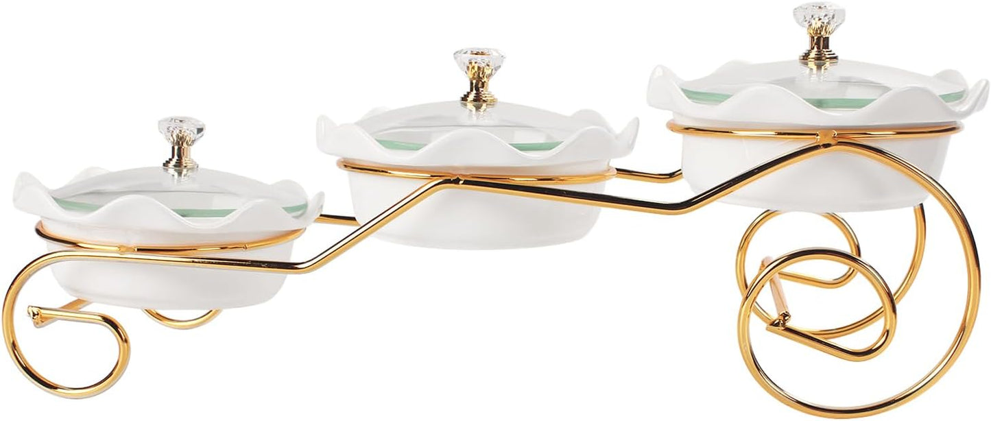 Ceramic Serving Bowls with glass Lids and metal Platter, 3 Removable Dipping Bowls Relish Tray Nuts Dishes for Appetizer, Fruits, Candy & Condiment, Perfect for Party Entertainment