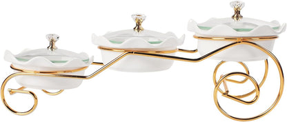 Ceramic Serving Bowls with glass Lids and metal Platter, 3 Removable Dipping Bowls Relish Tray Nuts Dishes for Appetizer, Fruits, Candy & Condiment, Perfect for Party Entertainment