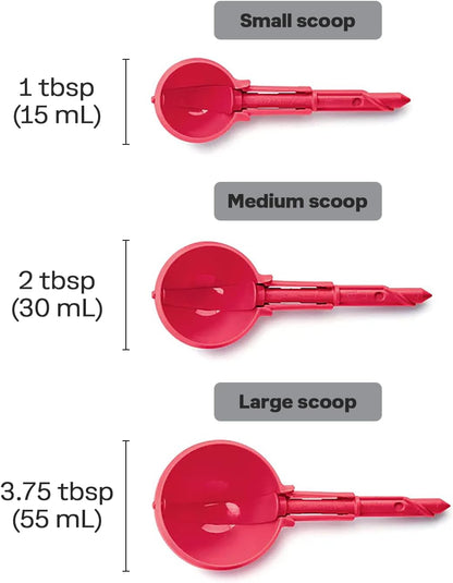 Tupperware Portioning Scoops, Universal Handle and Three Snap-on Scoops (Small, Medium and Large)