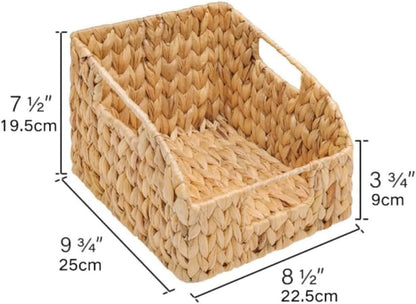 Set of 2 Handwoven Water Hyacinth Storage Baskets, Open Front Wicker Organizer Bins with Handles for Kitchen Pantry Closet Shelf, Natural Rattan Baskets for Home Organization
