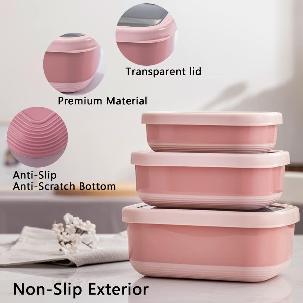 Lille Home Leak Proof Stainless Steel Lunch Snack Containers Set - Ideal for Educational Settings and Daycare - Nesting Trio with Silicone Lids - 47oz+30oz+16oz - Pink