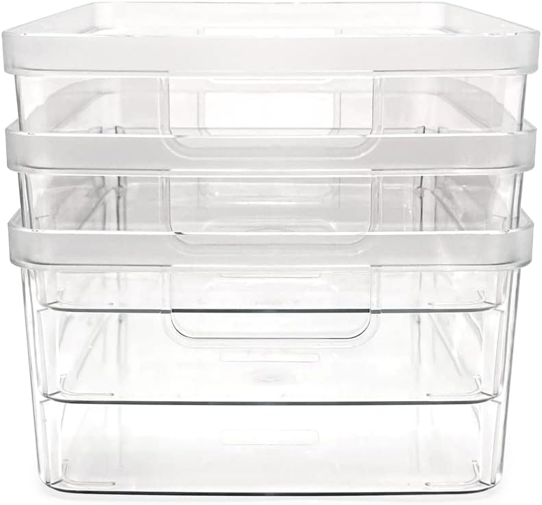 Isaac Jacobs 2-Pack Square Clear Storage Bins (10” L x 10” W x 6.1” H) w/Cutout Handles, Plastic Organizer for Home, Office, Kitchen, Fridge/Freezer, Bathroom, BPA Free, Food Safe (2-Pack, Square)