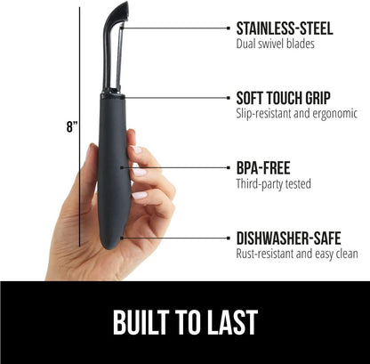 GORILLA GRIP® Patented BPA-Free Vegetable Peeler, Extra Sharp Swivel Stainless Steel Blades with Guard, Comfortable Soft Handle, Easily Peel Carrots or Fruit, Potato Eye Remover, Washer Safe, Black