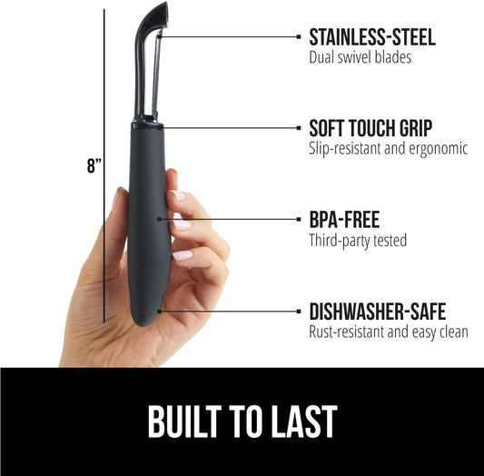 GORILLA GRIP® Patented BPA-Free Vegetable Peeler, Extra Sharp Swivel Stainless Steel Blades with Guard, Comfortable Soft Handle, Easily Peel Carrots or Fruit, Potato Eye Remover, Washer Safe, Black