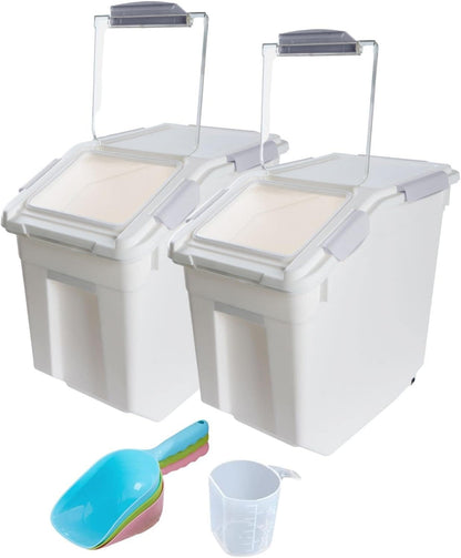 Saim Rice Container 25 lbs, Large Airtight Flour Storage Container with Wheels Measuring Cup, 2 Pack a Set BPA free Food Bin Grain Organizer Box for Dry Baking Supplies Kitchen Pantry Cereal (Gray)
