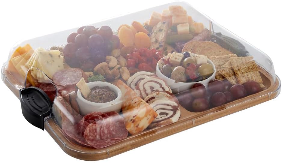 Farberware Bamboo Cutting Board with Clear Locking Lid, 11x14 Inch Charcuterie Board with Handles - Reversible Serving Board for Cheese, Meats, Snacks and More