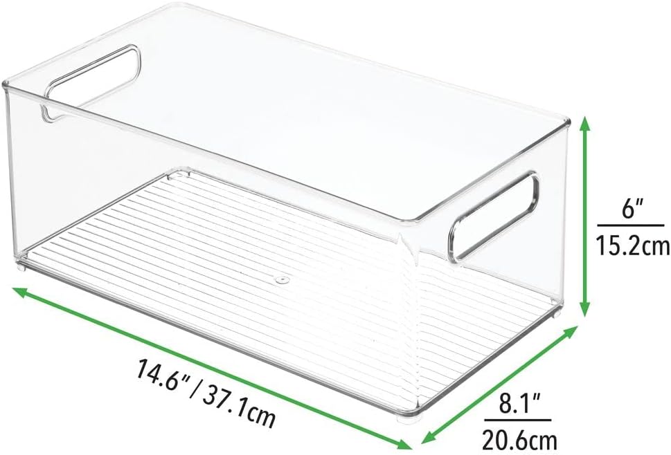mDesign Stackable Plastic Food Storage Bin with Handles for Kitchen Pantry, Cabinet, Refrigerator, Freezer - Organizer for Fruit, Yogurt, Squeeze Pouches - BPA Free, 10" Long - Clear