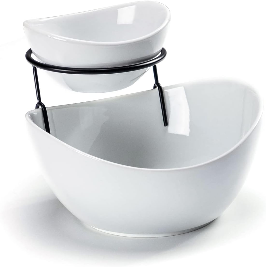 UNICASA Serving Bowls Set, 2 Tier Chip and Dip Bowls with Metal Rack Stand for Fruit, Salad, Candy, Snacks - Ceramic Tiered Appetizer Serving Dishes Food Display Stand for Parties, Kitchen