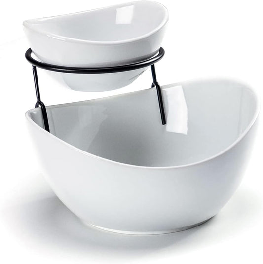 UNICASA Serving Bowls Set, 2 Tier Chip and Dip Bowls with Metal Rack Stand for Fruit, Salad, Candy, Snacks - Ceramic Tiered Appetizer Serving Dishes Food Display Stand for Parties, Kitchen