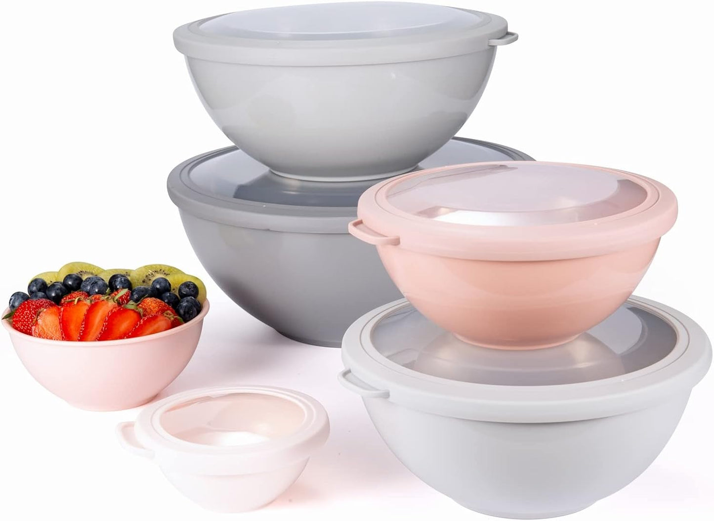 COOK WITH COLOR Mixing Bowls with Lids - 12 Piece Plastic Nesting Bowls Set includes 6 Prep Bowls and 6 Lids, Microwave Safe Mixing Bowl Set, Pink Embossed - Colors B