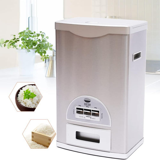 Auto Rice Dispenser Container, Stainless Steel Rice Dispenser, 15kg/33lb Large Capacity Automatic Rice Storage Container Kitchen Rice Dispenser Countertop, Silver