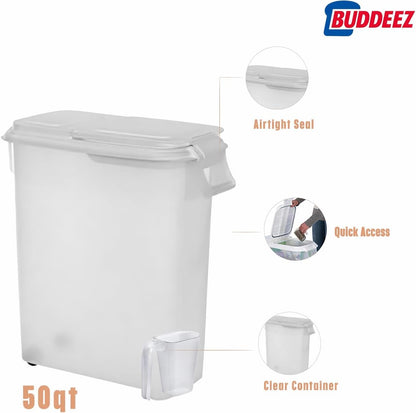 Buddeez Pet Food Storage Dispensers Plastic 4 Gallon - Airtight Flip Top for Freshness - Dry Dog Food, Cat Food or Bird Seed Plastic Containers (Set of 2)