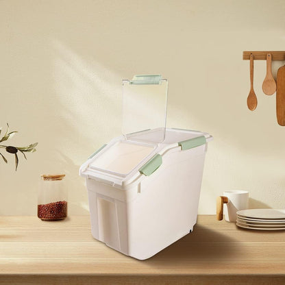 Airtight Flour Storage Container 25 lb Rice Storage Container with Wheels Seal Locking Lid, Food Containers with Measuring Cup& Scoop for Flour, Rice, Grain(Cyan)