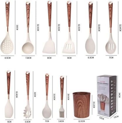 11-Piece Silicone Kitchen Utensil Set with Wooden Handle & Holder – Heat-Resistant, Non-Scratch Cooking Tools for Non-Stick Cookware