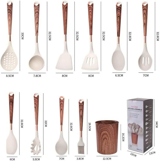 11-Piece Silicone Kitchen Utensil Set with Wooden Handle & Holder – Heat-Resistant, Non-Scratch Cooking Tools for Non-Stick Cookware