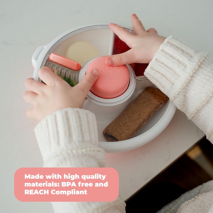GoBe Kids Small Snack Spinner Flip Bundle with Hand Strap and Sticker Sheet - Reusable Snack Container with 5 Compartment Dispenser and Lid | BPA/PVC Free | Dishwasher Safe | No Spill - Coral Pink