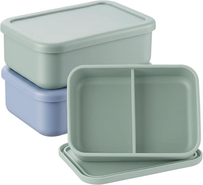 Layhit 4 Pcs Silicone Bento Box for Adults, 27 oz Bento Lunch Container Reusable 3 Compartment Lunchable Food Container for Women Men, Leak Proof Microwave Dishwasher Freezer Safe (Cool Colors)
