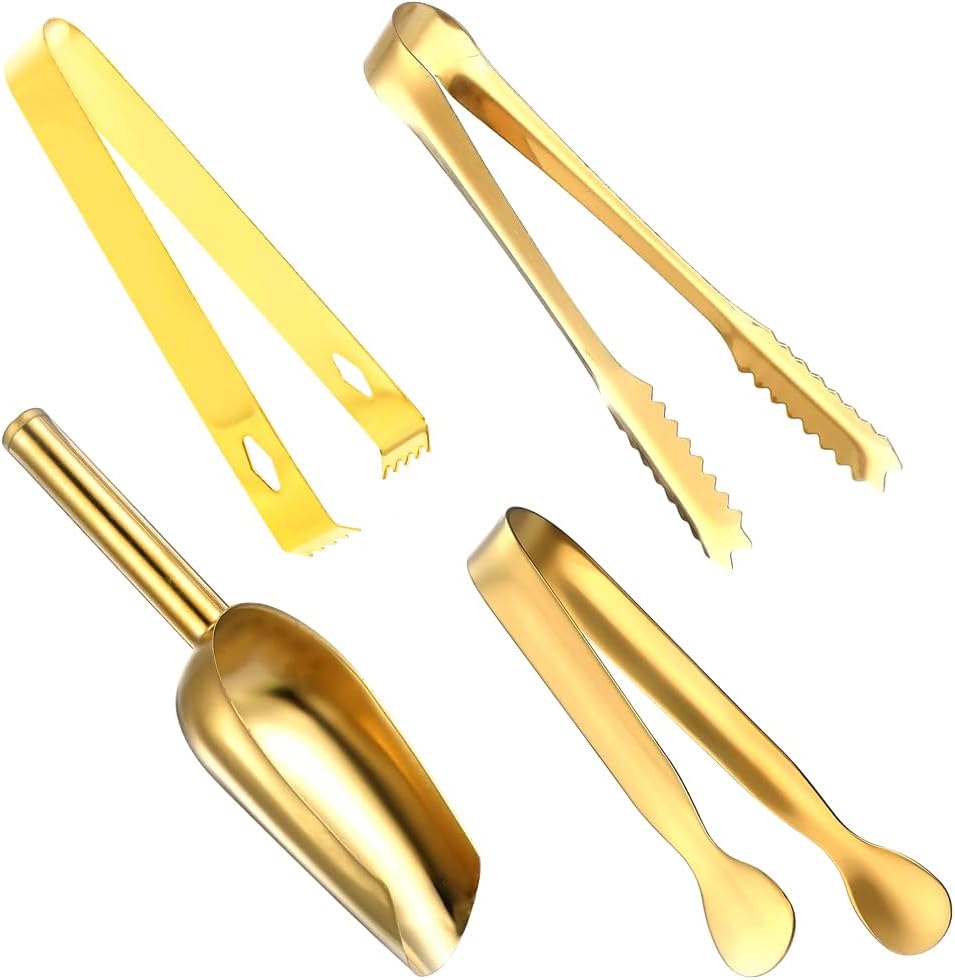 Stainless Steel Ice Scoop and Ice Tongs,Food Scoop Metal Ice Scooper&Buffet Clip for Home Bar Buffet Wedding Canisters, Easy Clean & Durable (gold)