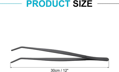 uxcell Kitchen Tweezers Stainless Steel, 8 Inch Food Tongs Fine Cooking Tweezers Set Extra-Long Tweezer Tongs for Cooking Grill Baking BBQ, Black Bend Clip