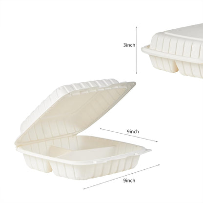 8X8 3-Compartment 50-Pack Plastic Clamshell Takeout Food Trays Heavy Duty Togo Disposable Box Carryout Meal Prep Packaging Catering Hinged Containers With Secure Snap Lid (Formerly FULING)