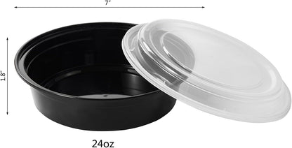 FULING 32 oz 50 ct Round Meal Prep Containers with Lids Plastic Food Storage Lunch Plan To Go Box Disposable Take Out Bowls Black BPA Free Reusable Durable Stackable Microwave Freezer Dishwasher Safe