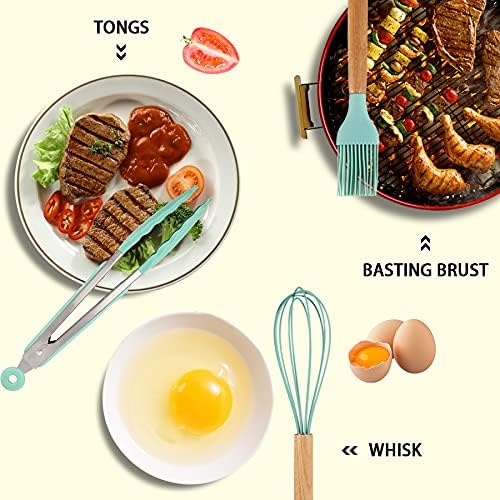 MIBOTE 17 Pcs Silicone Cooking Kitchen Utensils Set with Holder, Wooden Handles Silicone Turner Tongs Spatula Spoon Kitchen Gadgets Utensil Set for Nonstick Cookware (Grey)