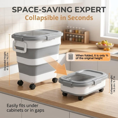 Collapsible Pet Food Storage Container, Airtight Dry Kibble Container with Detachable Wheels and Handle Storage Bin, Foldable Dog Cat Food Holder for Pantry Organization, 38.5 lbs