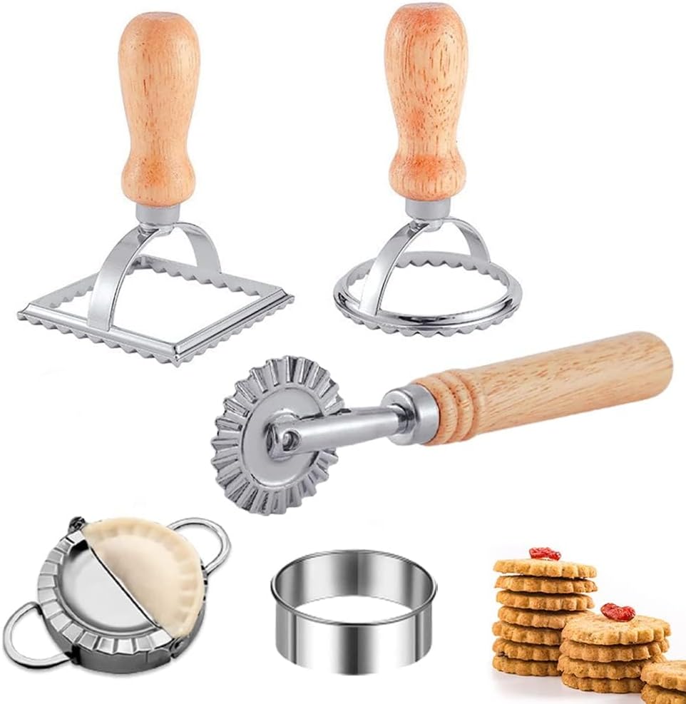 Ravioli Pasta Cutter Wheel Set of 5, Ravioli Makers with Roller Ravioli Stamp Cutter Set with Wooden Handle, Pasta Press Wheel Pasta Maker Tools For Pasta Making Dumplings, Pierogi (Silver)