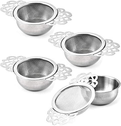 4 Set Tea Strainers with Drip Bowls Loose Leaf Tea Strainers