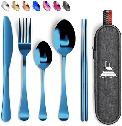 Taplord Portable Travel Silverware Set With Case, Includes 10 Pcs of Travel Utensils With Case, Stainless Steel Flatware Set For Camping, Lightweight (Multi-Color)