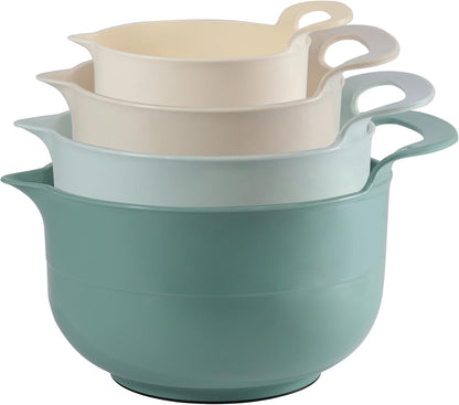 Mixing Bowls - 4 Piece Nesting Plastic Mixing Bowl Set with Pour Spouts and Handles - Non Slip Bottom and Measurement Markings (Light Gray)