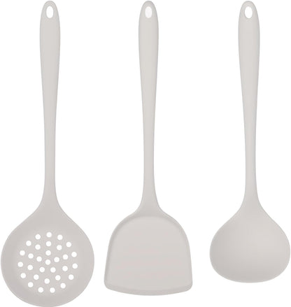 Silicone Kitchen Utensil Set - 3 Piece Cooking Tools (Spatula, Soup Ladle, Slotted Spoon) - Heat Resistant, Non-Scratch, Food Grade Silicone for Non-Stick Pots & Pans (White - 3 Pcs)