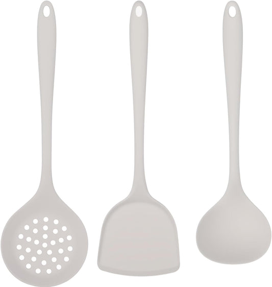 Silicone Kitchen Utensil Set - 3 Piece Cooking Tools (Spatula, Soup Ladle, Slotted Spoon) - Heat Resistant, Non-Scratch, Food Grade Silicone for Non-Stick Pots & Pans (White - 3 Pcs)