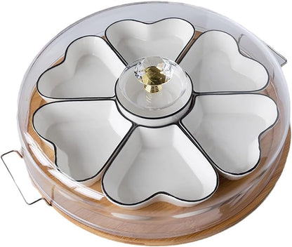 Appetizer Serving Tray with Bamboo Holder and Lid, Ceramic Divided Serving Platter with Food Picks, Relish Tray for Chips and Dip, Veggies, Candy and Snacks, Parties T