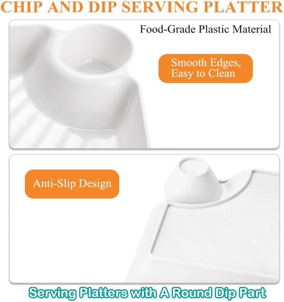 4 Pcs Chips and Salsa Serving Dish Plates, Veggie Platter Dipping Serving Trays with Sauce Rack for Buffet Family Party Appetizer Sushi Taco Salsa Charcuterie Barbecue Plate, Reusable (White 4PCS)