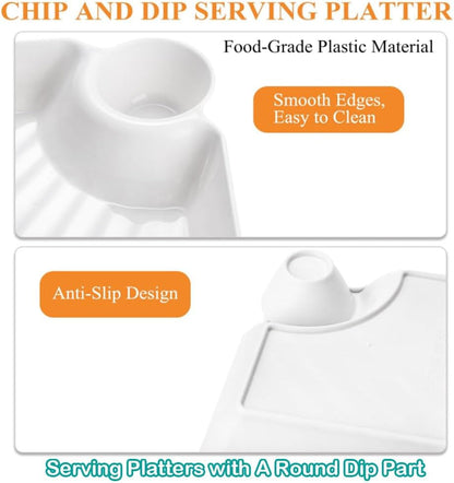 4 Pcs Chips and Salsa Serving Dish Plates, Veggie Platter Dipping Serving Trays with Sauce Rack for Buffet Family Party Appetizer Sushi Taco Salsa Charcuterie Barbecue Plate, Reusable (White 4PCS)